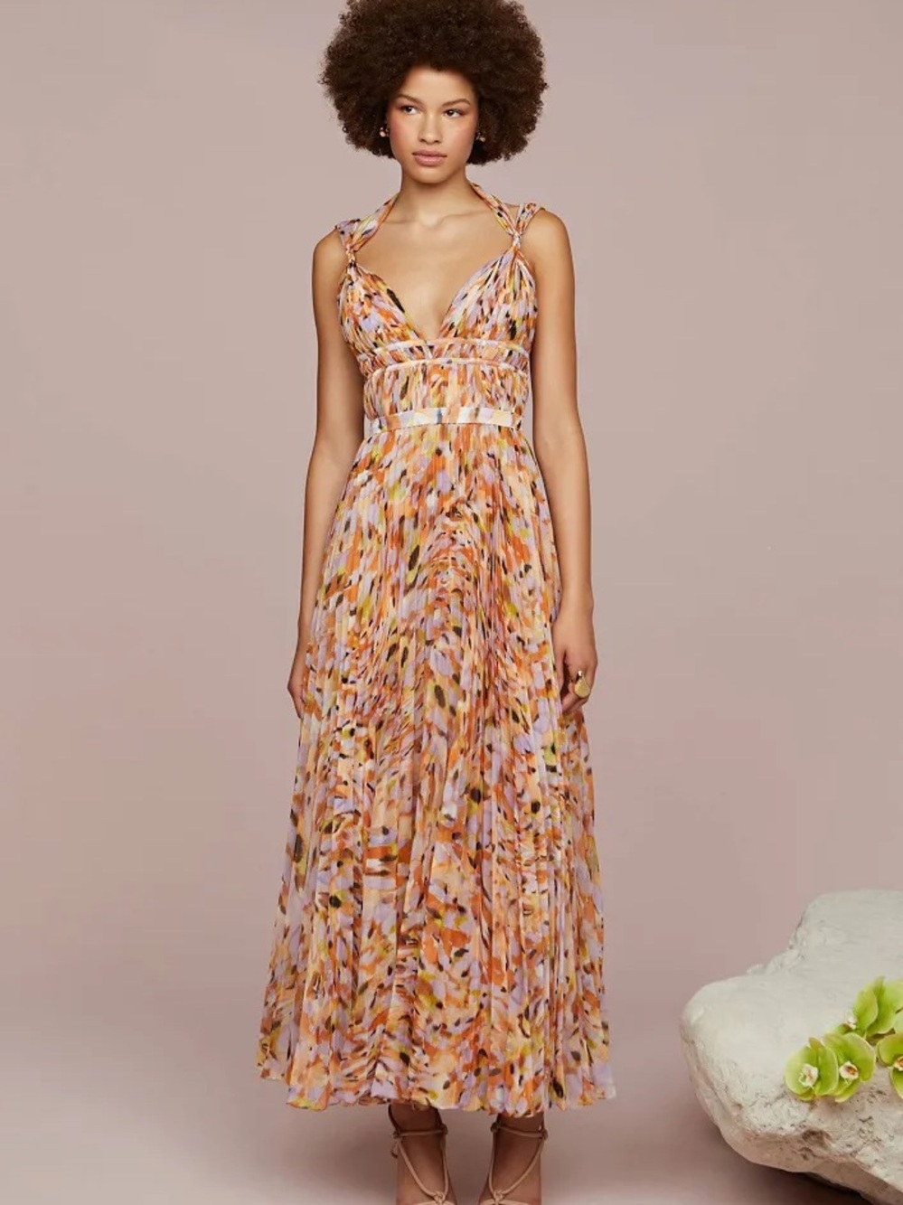 AMUR Peach Multi-Print Tie-Shoulder Maxi Dress